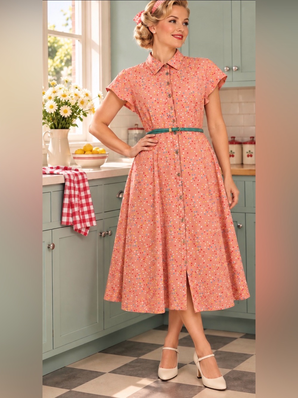 April Cornell “Happy Dot” Shirtwaist Coral Floral Button-Front Midi Dress - M